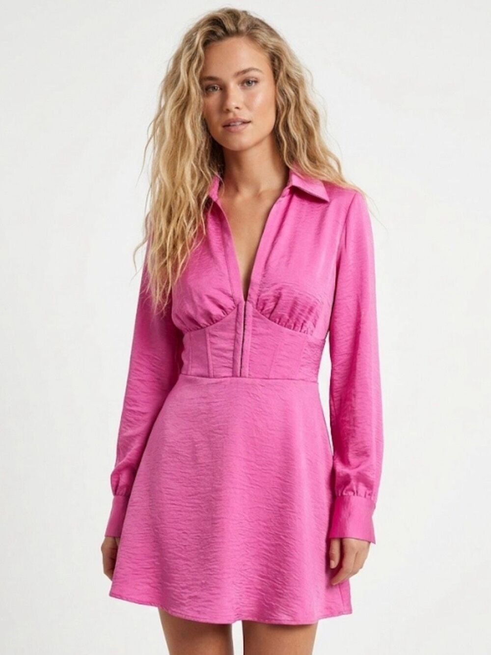 Nectar Pink Satin Corset Long Sleeve Mini Dress Medium Barbiecore Y2K Baddie
